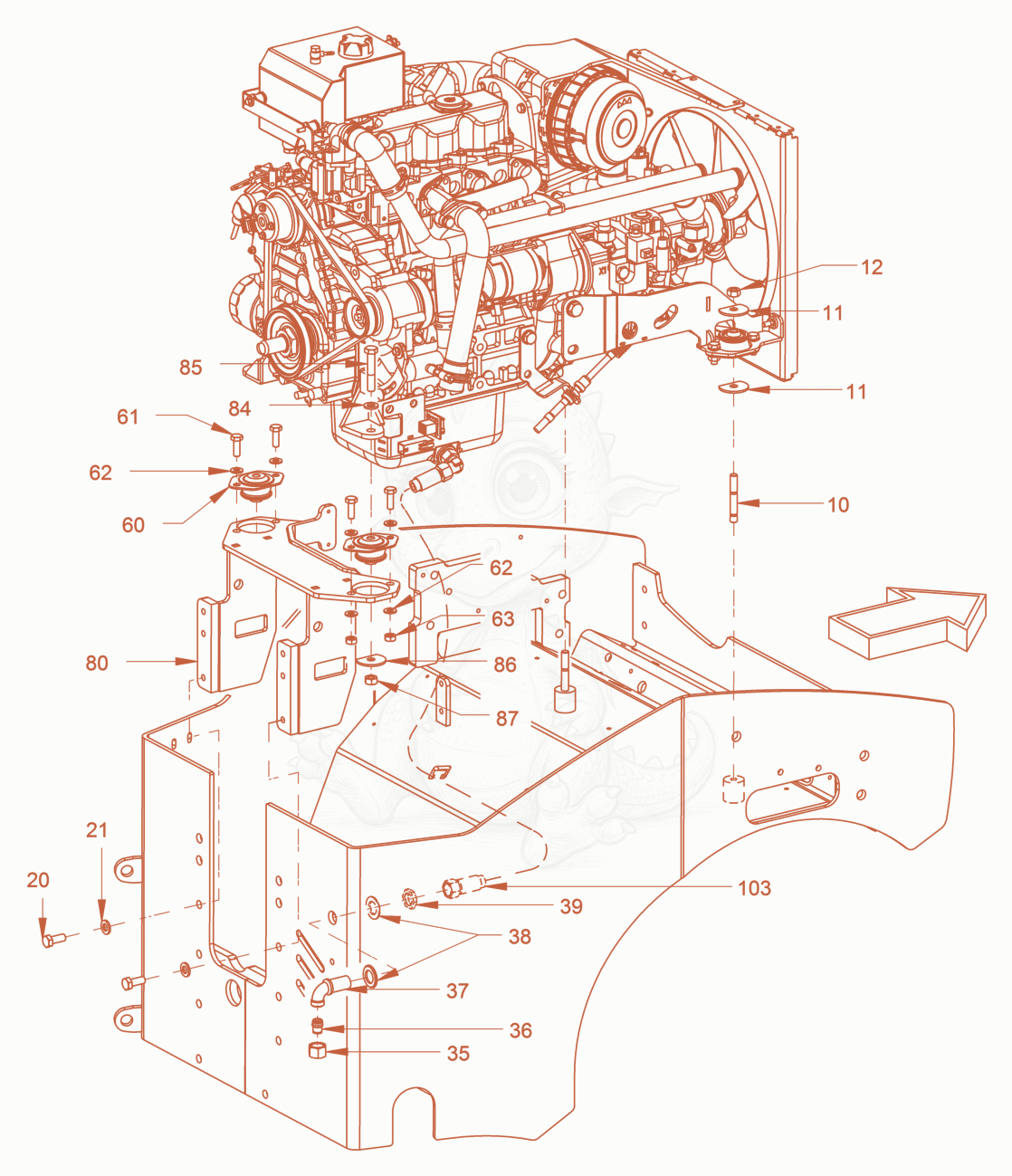 Exploded parts diagram of the pump drive and engine assembly of a Wacker Neuson RD24-100OUS, with numbered balloons