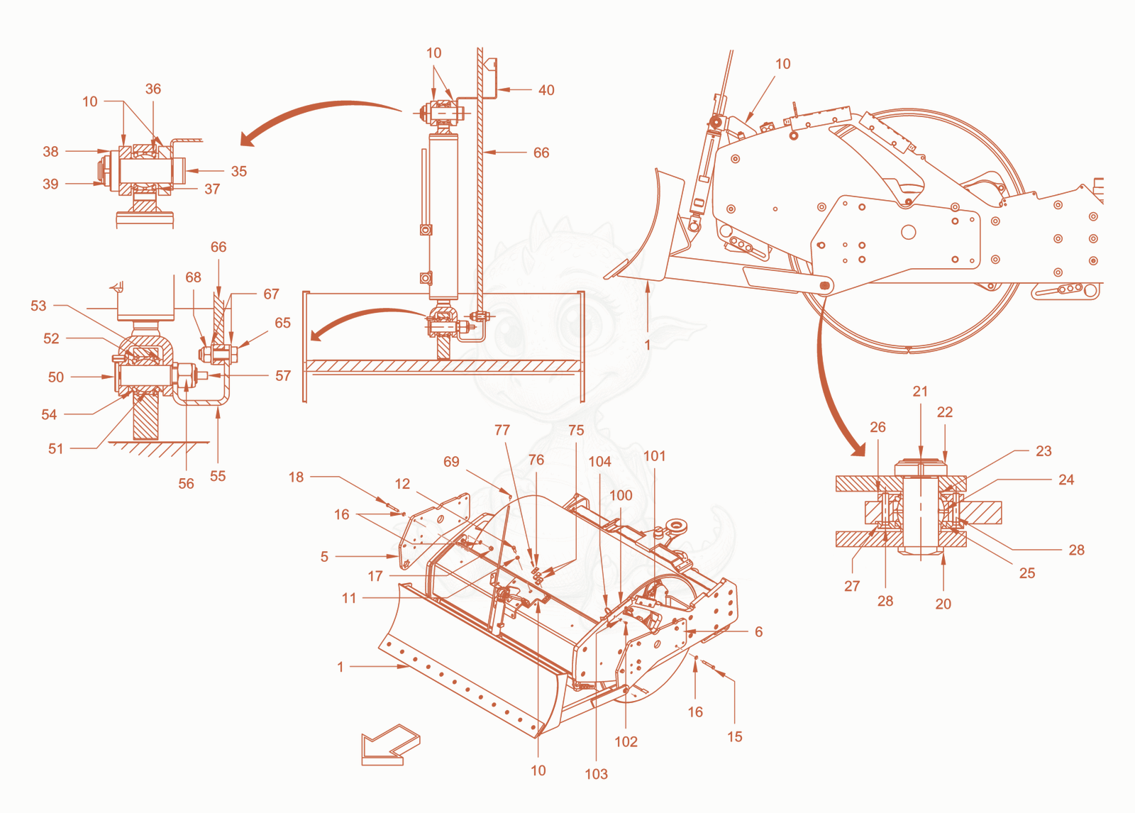 Exploded parts diagram of the dozer blade of a Wacker Neuson RC50PDPFCAB, with numbered balloons