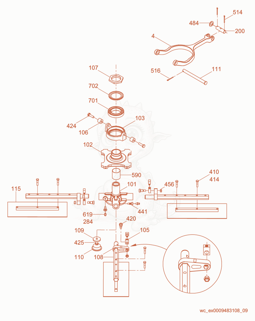 Exploded parts diagram of the Blade Mechanism-Right of a Wacker Neuson CRT36-25K-H, with numbered balloons
