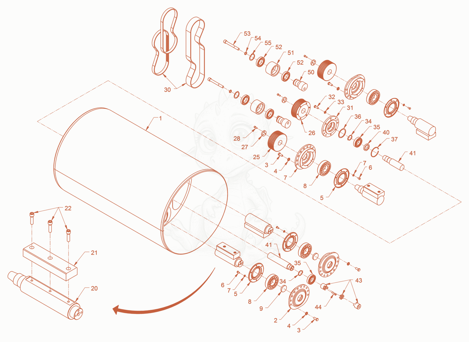 Exploded parts diagram of the smooth roller drum with oscillator of a Wacker Neuson RD24-100O.3, with numbered balloons