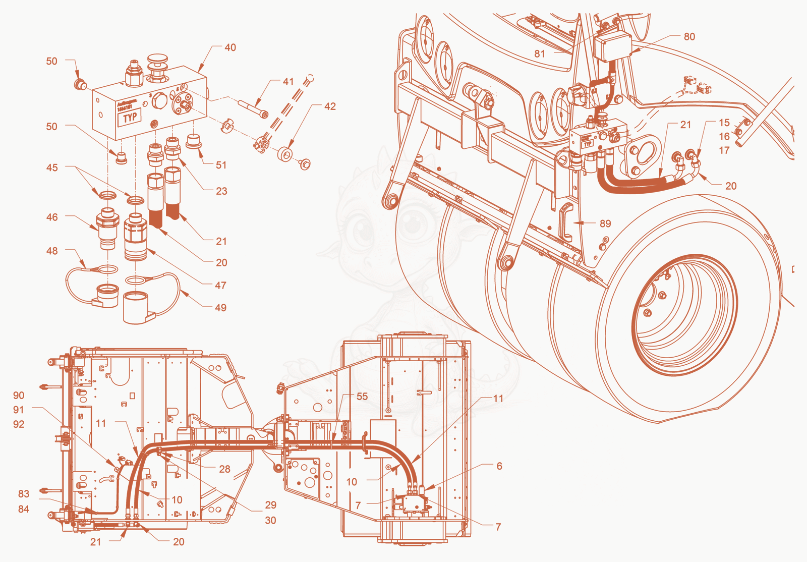 Exploded parts diagram of the hydraulic system (chip spreader) of a Wacker Neuson RD40-130C, with numbered balloons