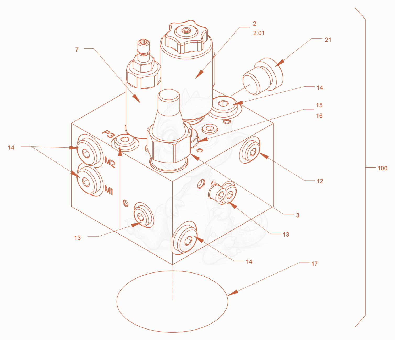 Exploded parts diagram of the valve block (parking brake) of a Wacker Neuson RD18-100C3, with numbered balloons