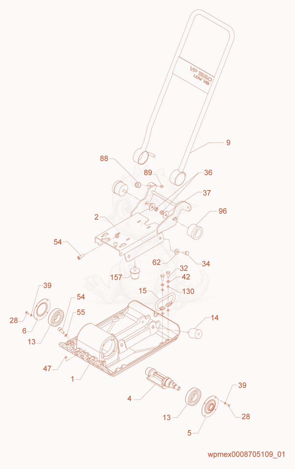 Despiece del Baseplate/Console cpl. de una máquina Wacker Neuson VP1550, con globos numerados