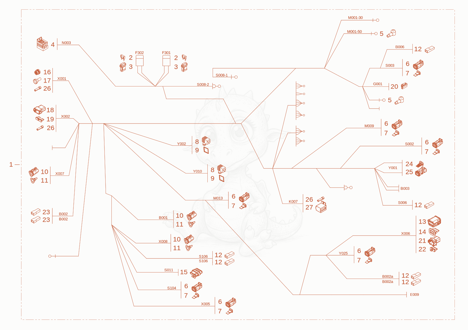 Exploded parts diagram of the main harness of a Wacker Neuson WL20, with numbered balloons