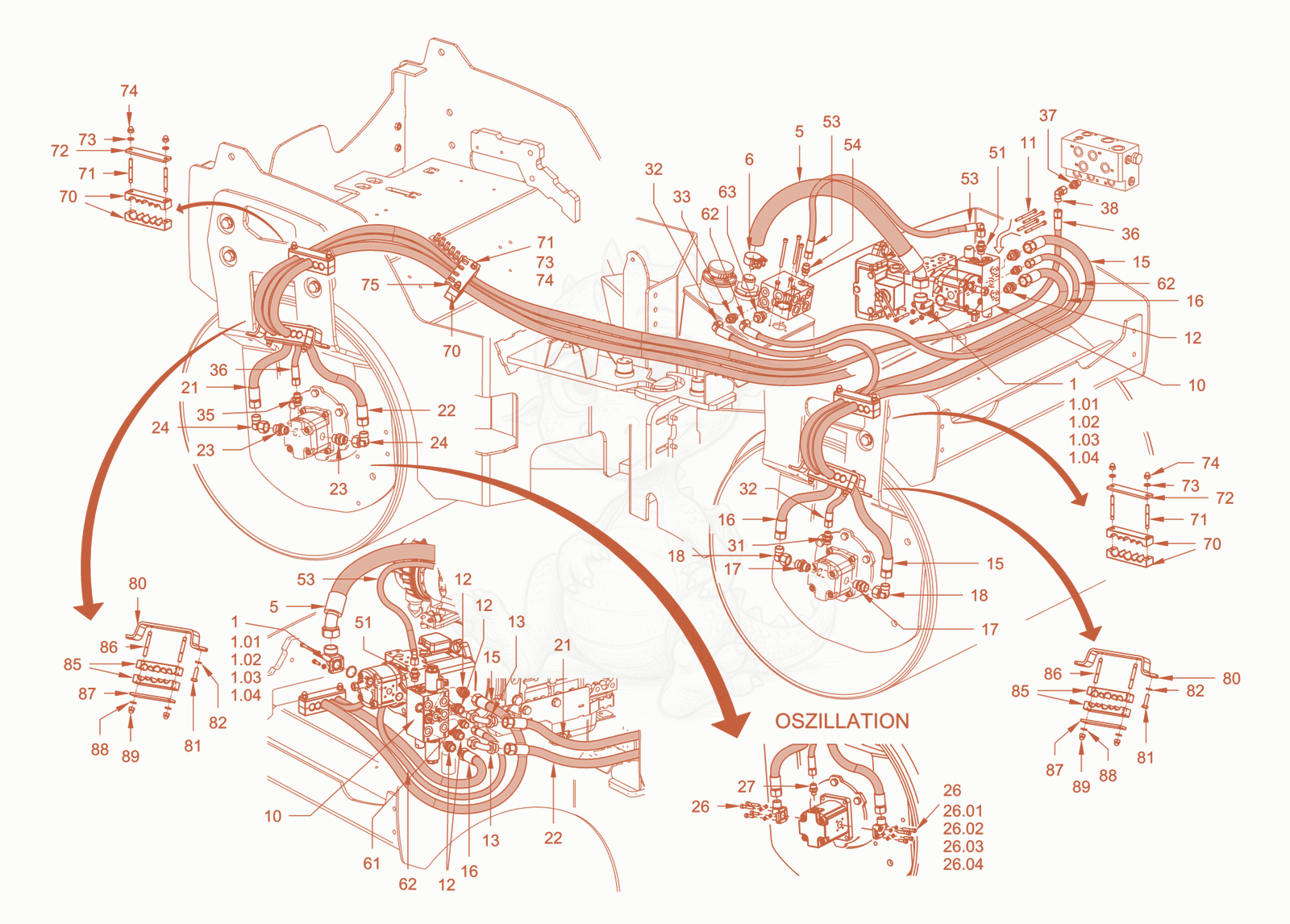 Exploded parts diagram of the vibration drive of a Wacker Neuson RD28-120O, with numbered balloons