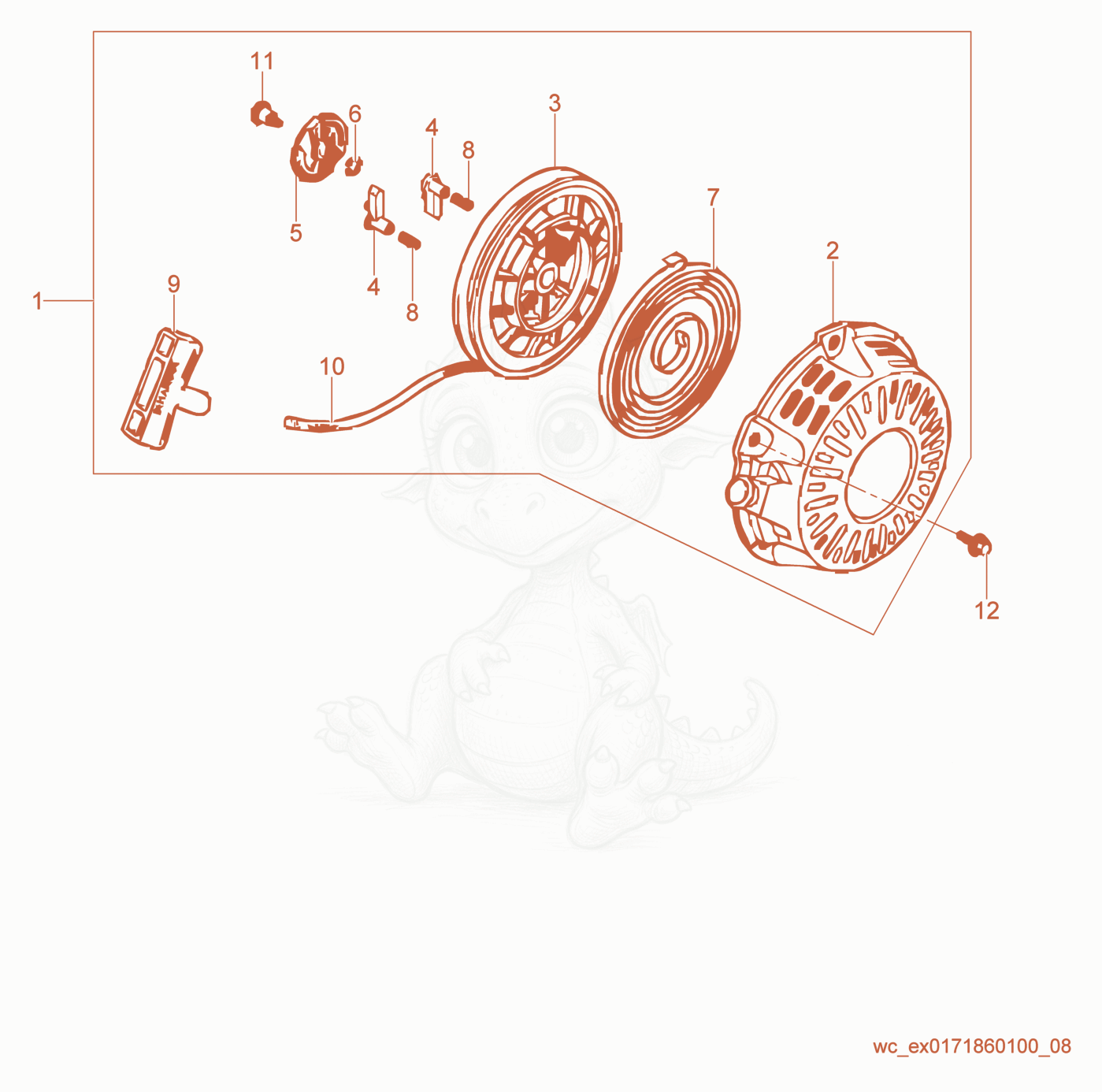 Exploded parts diagram of the Recoil starter of a Wacker Neuson GV2500A, with numbered balloons
