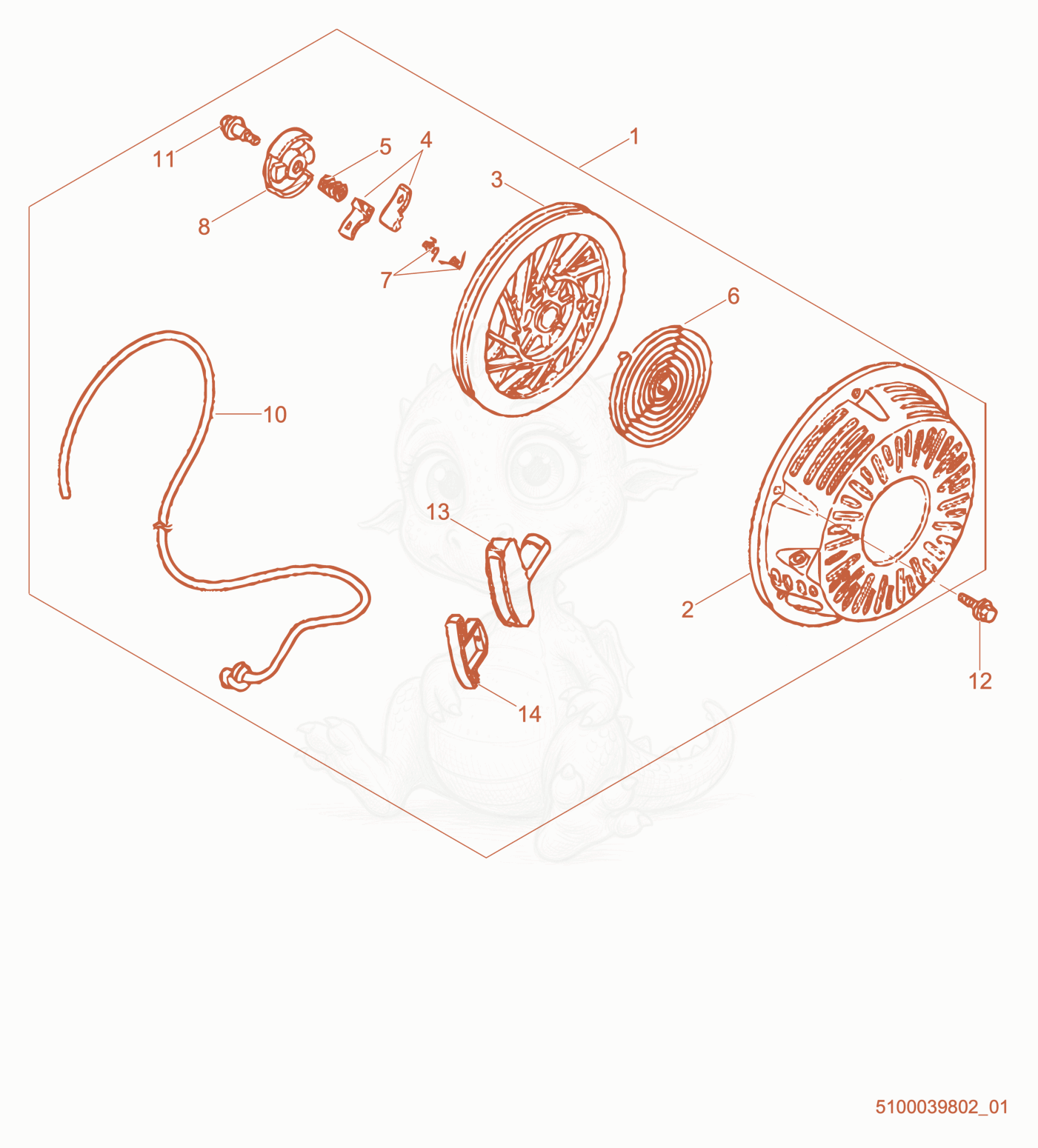 Exploded parts diagram of the Starter cpl. of a Wacker Neuson PT3A, with numbered balloons