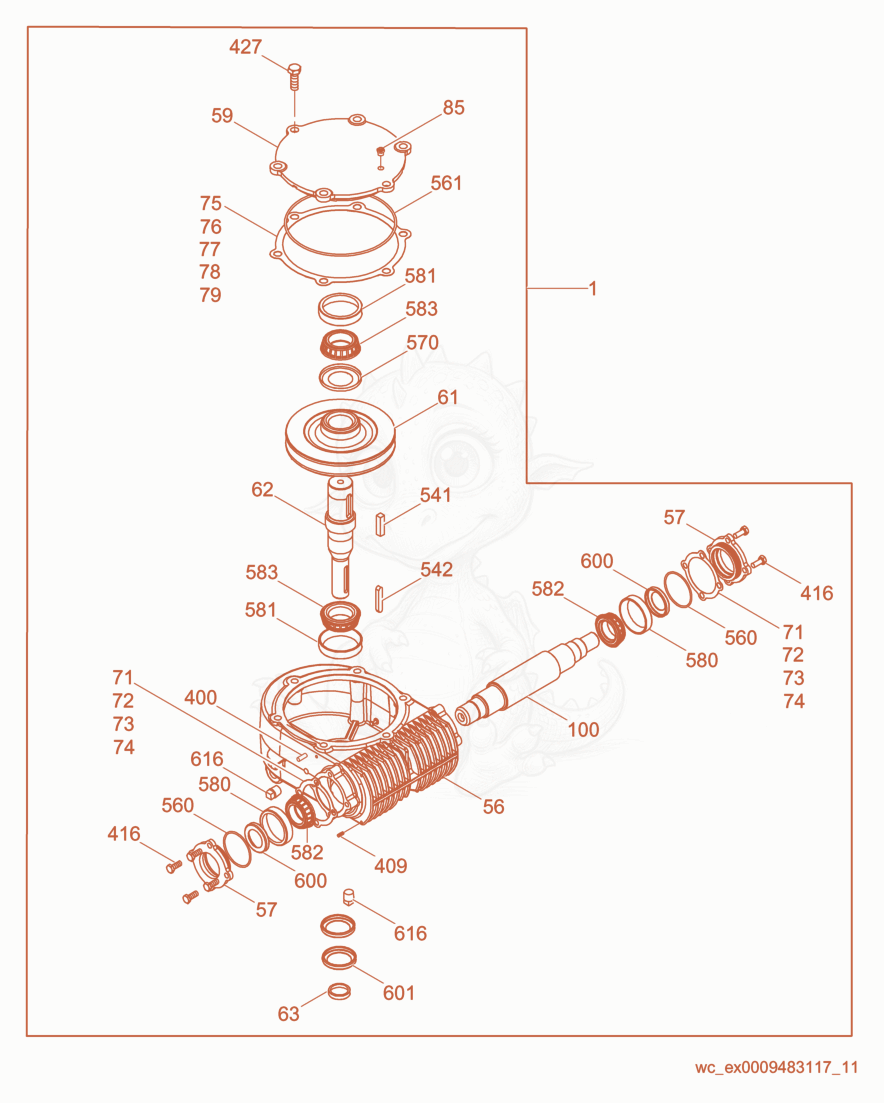 Exploded parts diagram of the Gearbox/Right Kit of a Wacker Neuson CRT36-25K-H, with numbered balloons