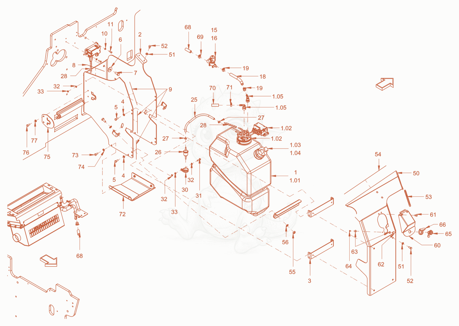 Exploded parts diagram of the exhaust aftertreatment of a Wacker Neuson RC110PUSROPS, with numbered balloons