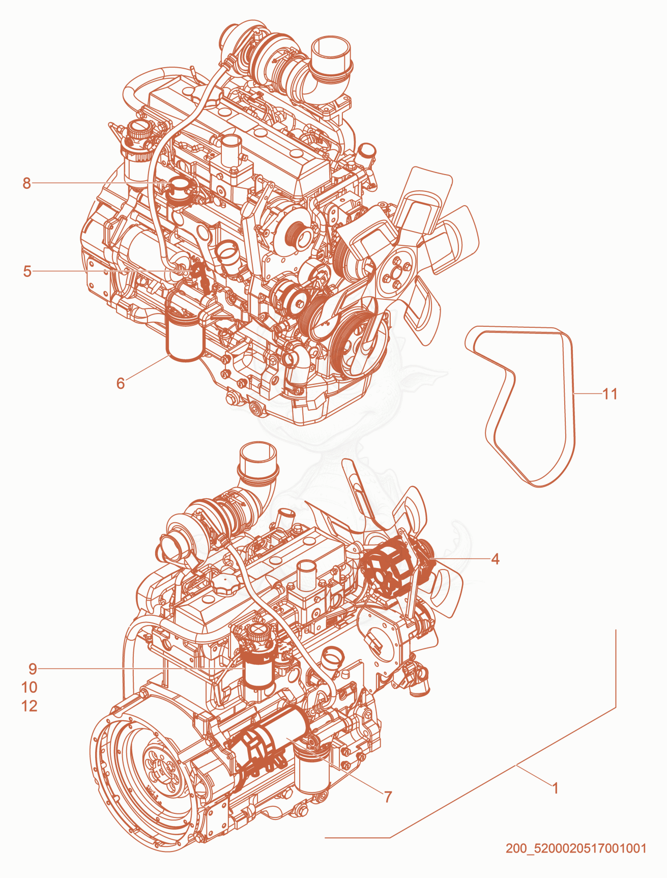 Exploded parts diagram of the Engine Service Parts of a Wacker Neuson APT8TCW, with numbered balloons