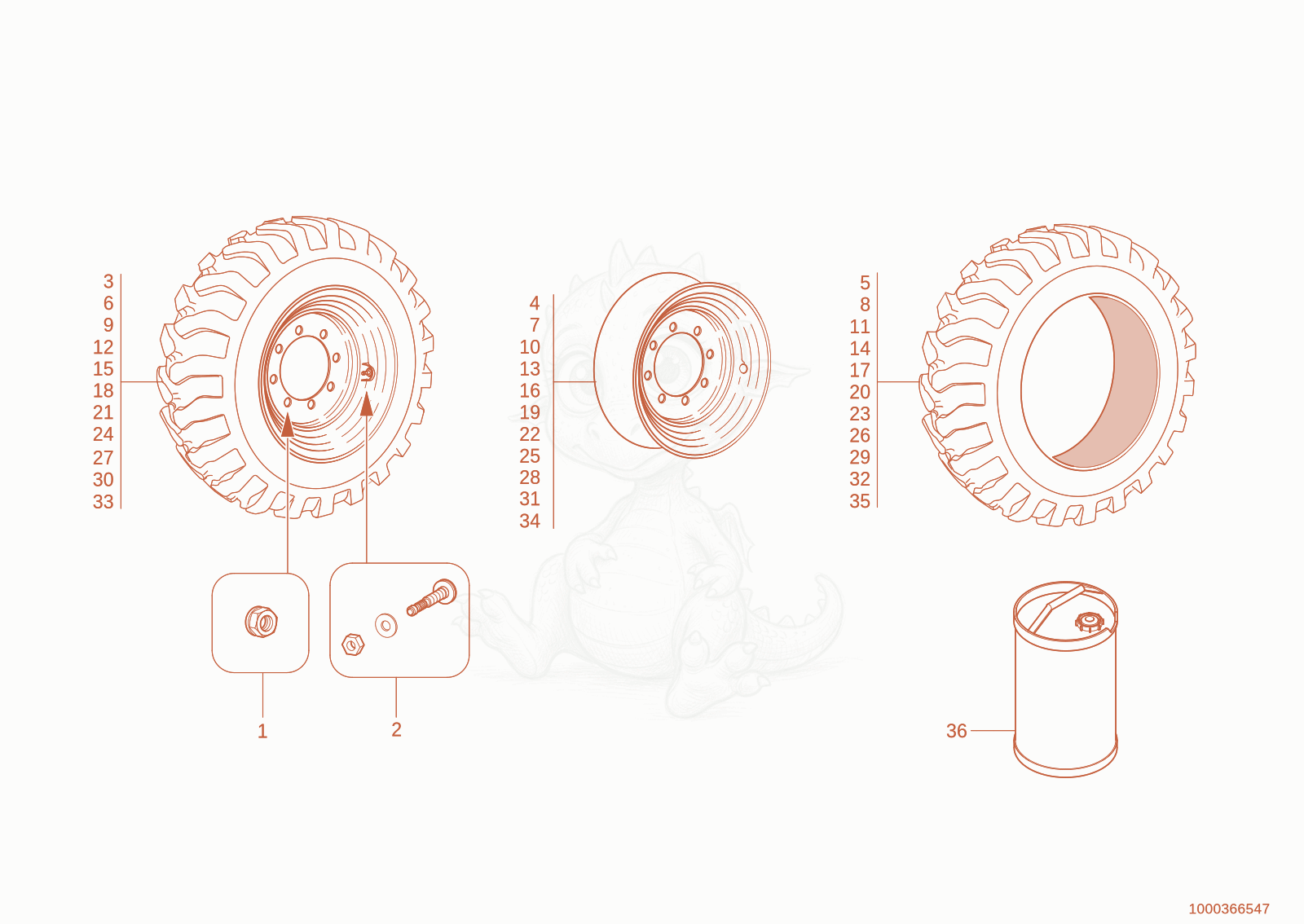 Exploded parts diagram of the WHEELS of a Wacker Neuson TH730(415-14), with numbered balloons