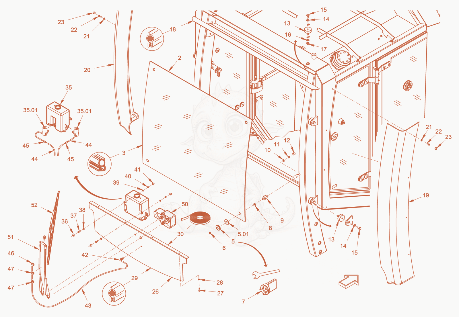 Exploded parts diagram of the Driver'S Cabin of a Wacker Neuson RD45-140, with numbered balloons