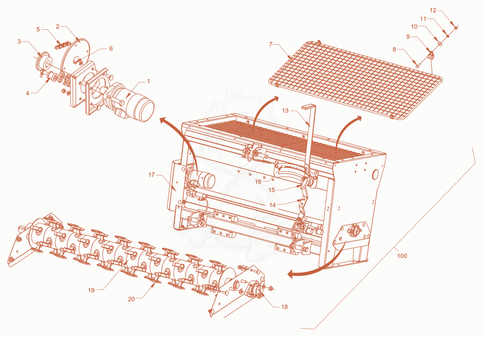 Exploded parts diagram of the chip spreader of a Wacker Neuson RD45-140.3, with numbered balloons