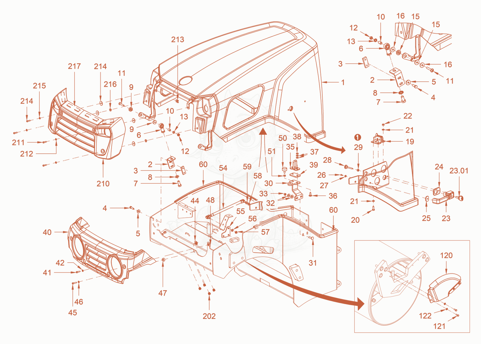 Exploded parts diagram of the canopies and covers of a Wacker Neuson RD18-100, with numbered balloons