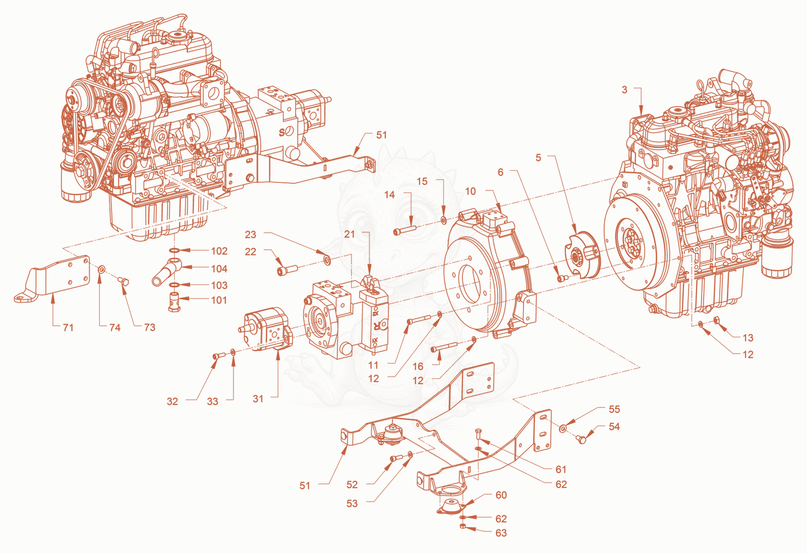 Exploded parts diagram of the pump drive and engine assembly of a Wacker Neuson RD18-100C, with numbered balloons