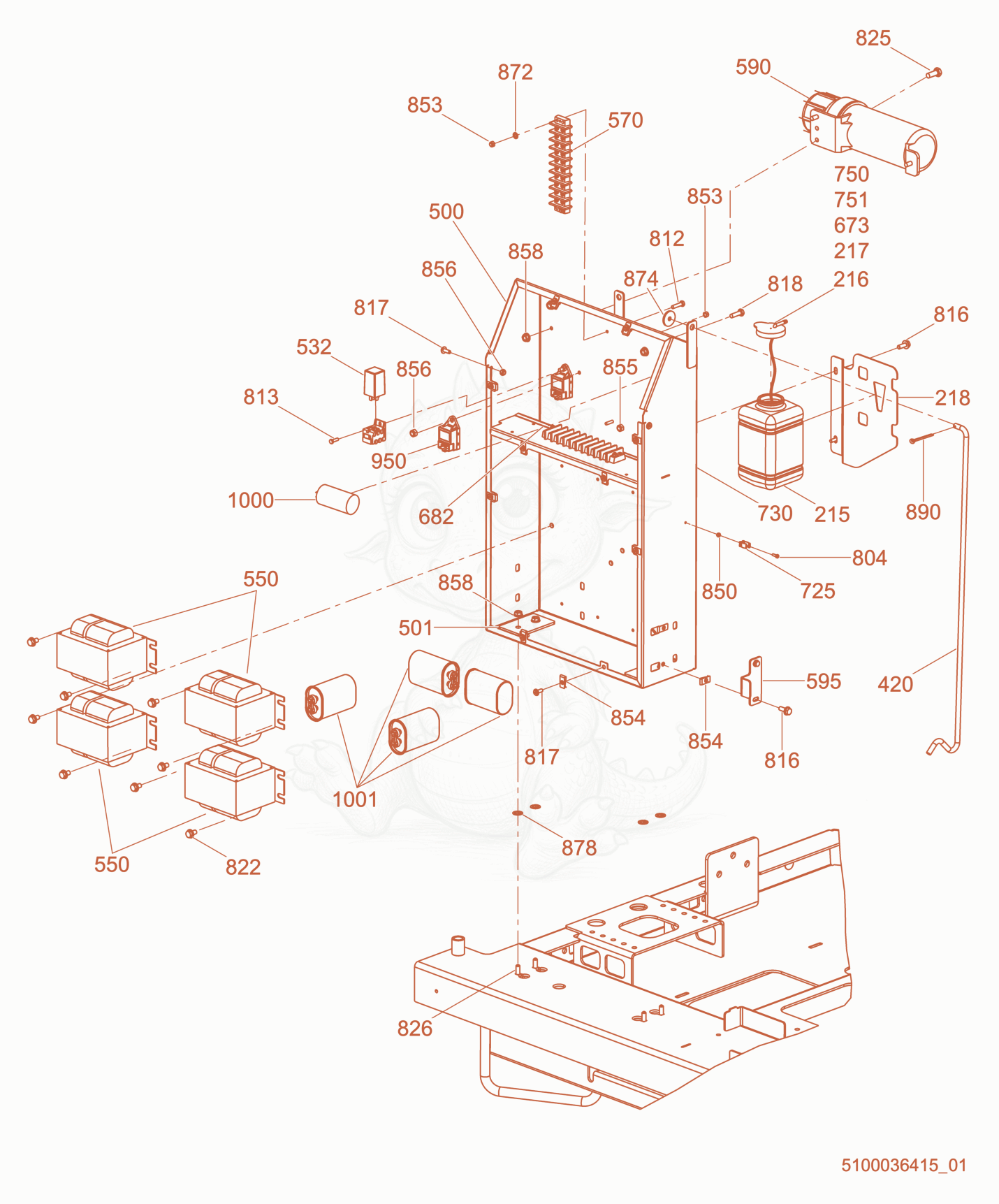 Exploded parts diagram of the Ballast/Control Box, 60HZ 1100W MH of a Wacker Neuson LTV6K, with numbered balloons
