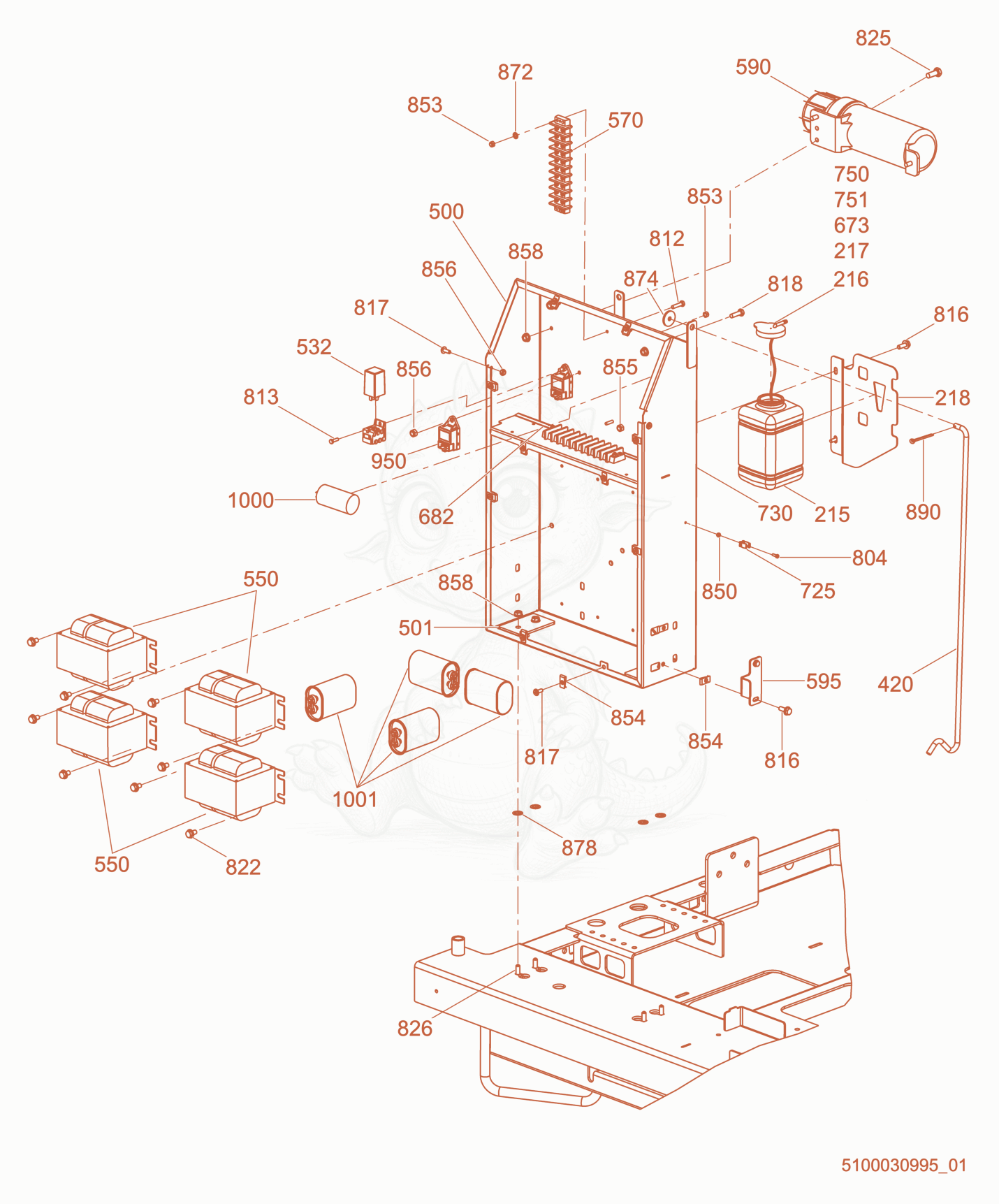 Exploded parts diagram of the Ballast/Control Box, 60HZ 1000W MH of a Wacker Neuson LTV6K, with numbered balloons