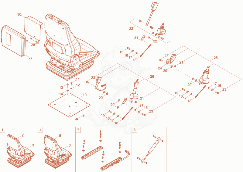 Exploded parts diagram of the DRIVER SEAT of a Wacker Neuson ET42, with numbered balloons