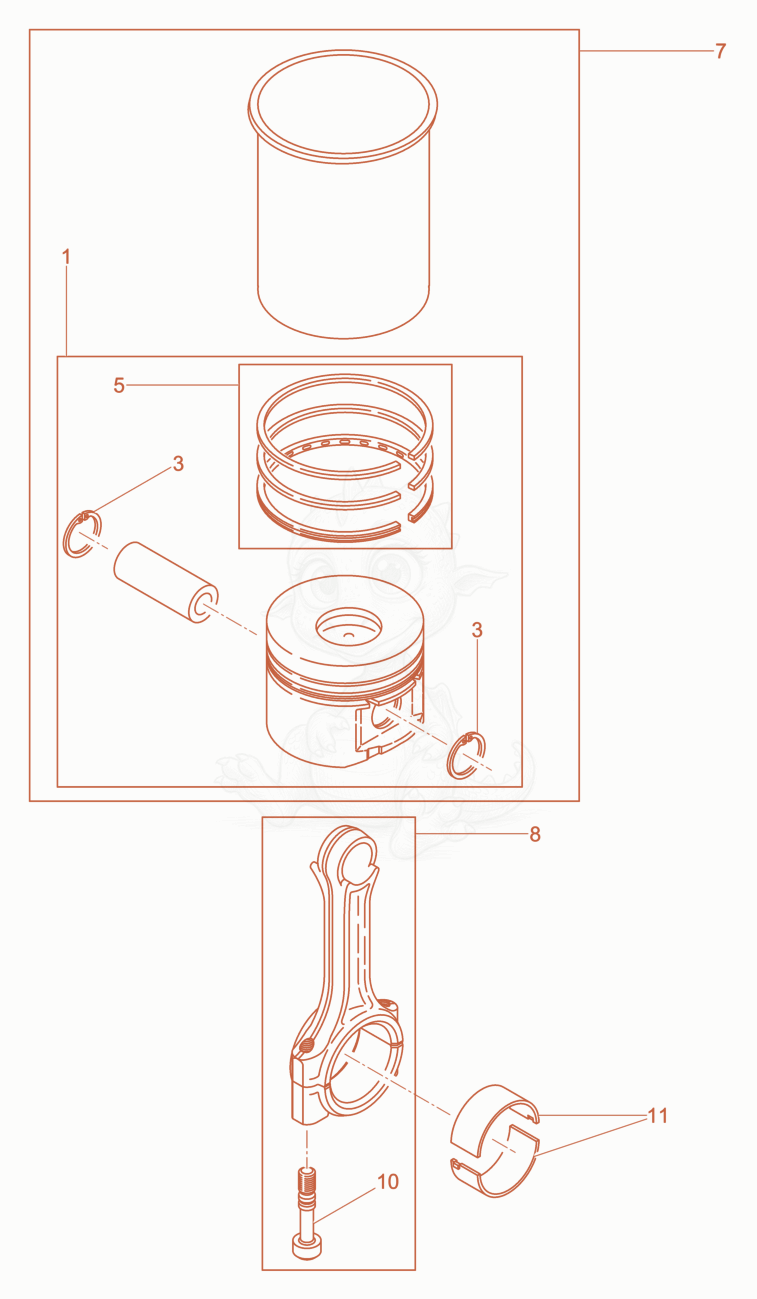 Exploded parts diagram of the Piston-Connecting Rod-Cylinder of a Wacker Neuson XPSKMAT, with numbered balloons