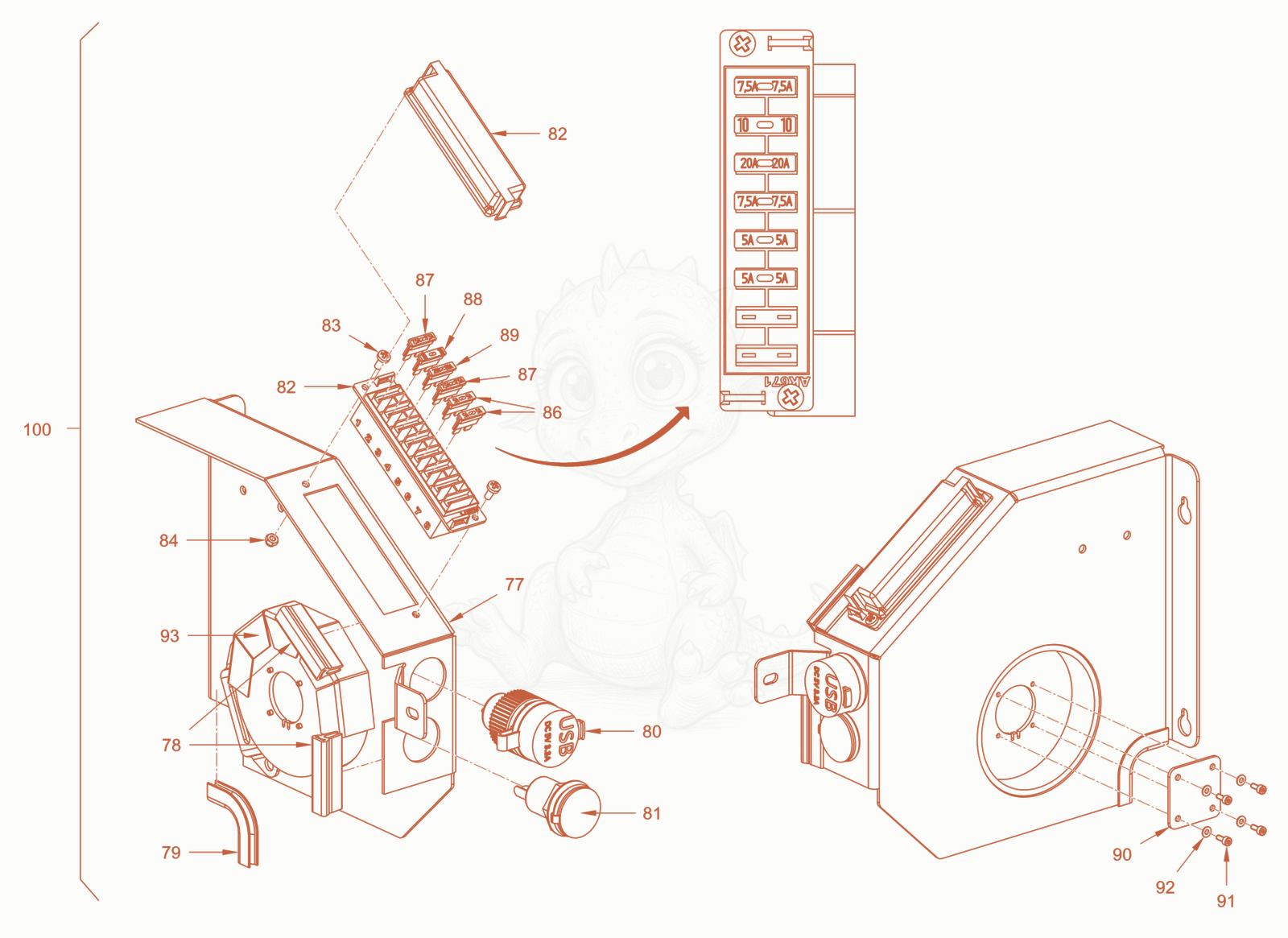 Exploded parts diagram of the electrical system of a Wacker Neuson RD24-100E, with numbered balloons
