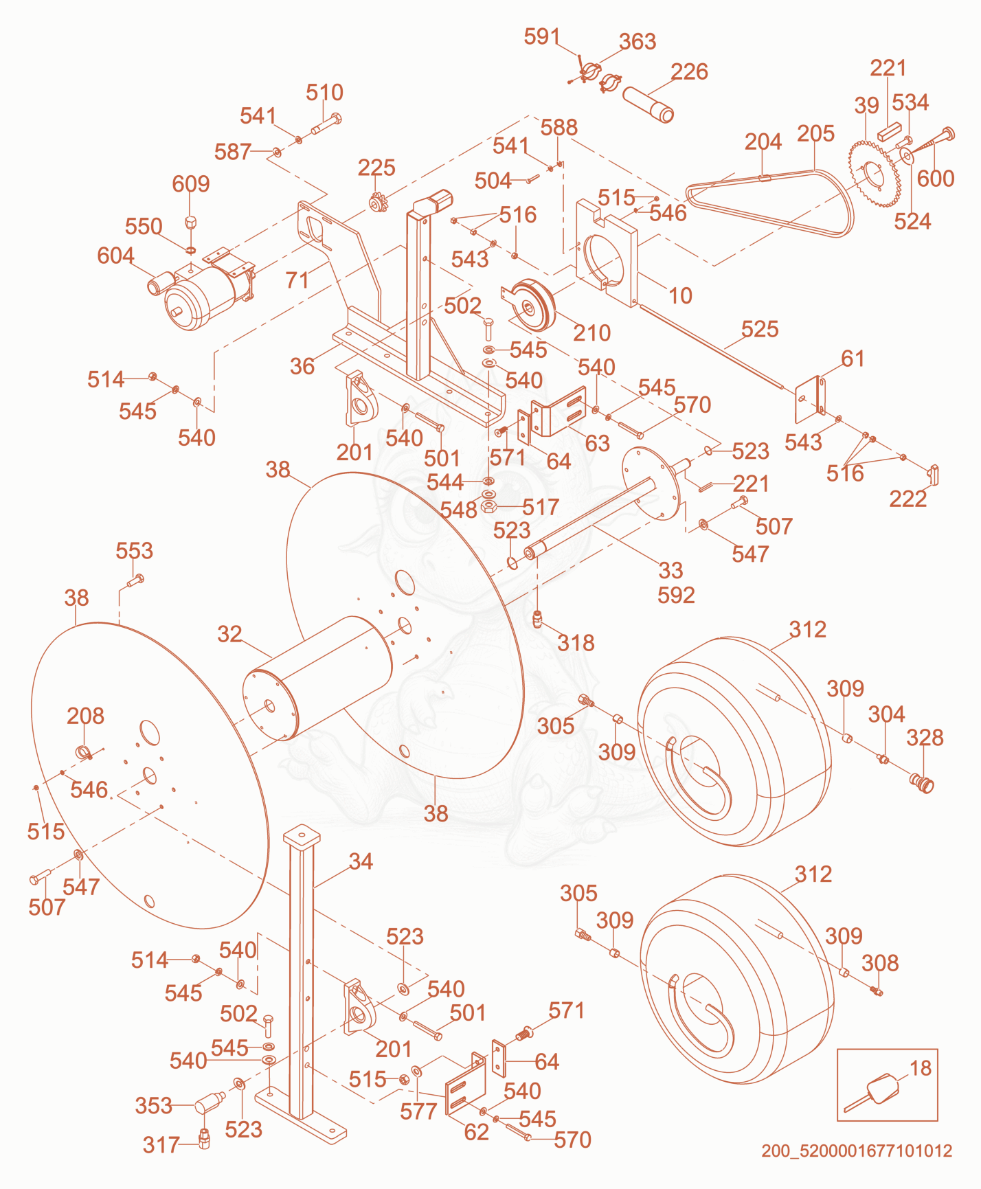 Despiece del Hose Reel cpl. de una máquina Wacker Neuson HSH350, con globos numerados