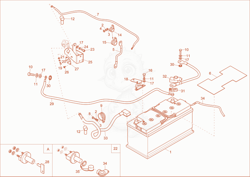 Exploded parts diagram of the battery of a Wacker Neuson EZ80, with numbered balloons