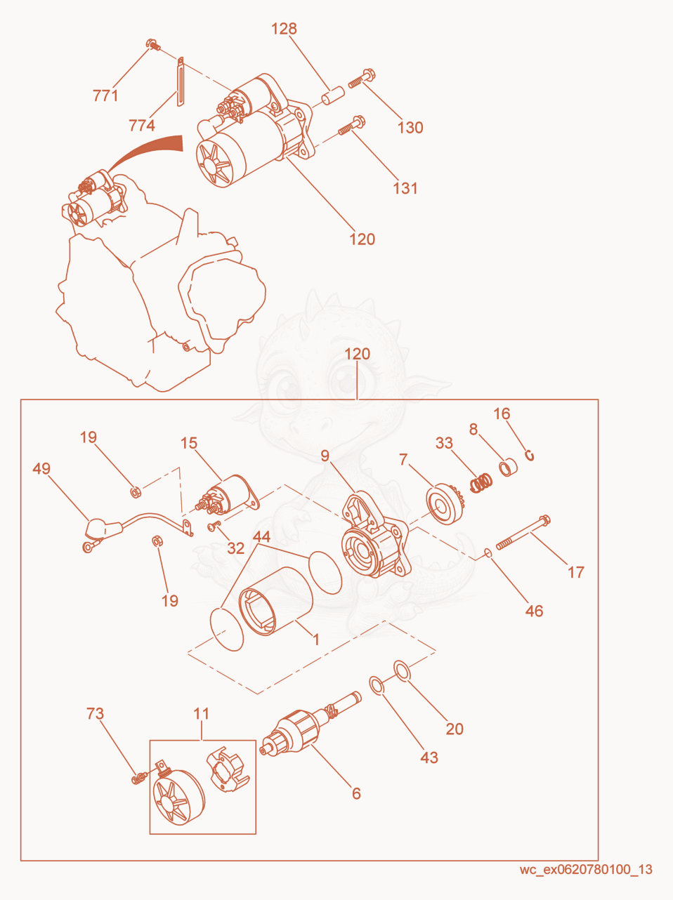 Exploded parts diagram of the Starter Motor of a Wacker Neuson GPSI3200, with numbered balloons