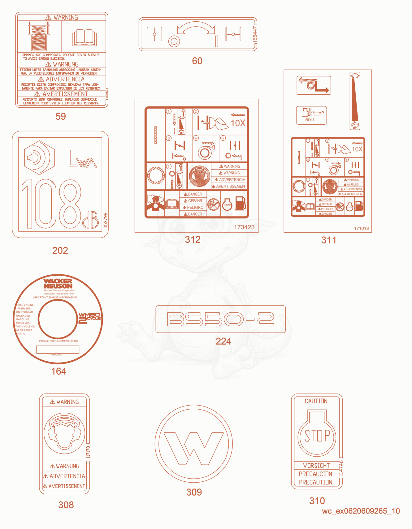 Exploded parts diagram of the Labels of a Wacker Neuson BS50-2, with numbered balloons