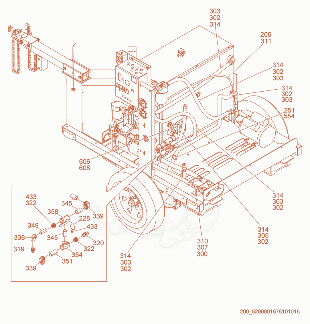 Exploded parts diagram of the Hydronic Piping cpl. of a Wacker Neuson E1100, with numbered balloons