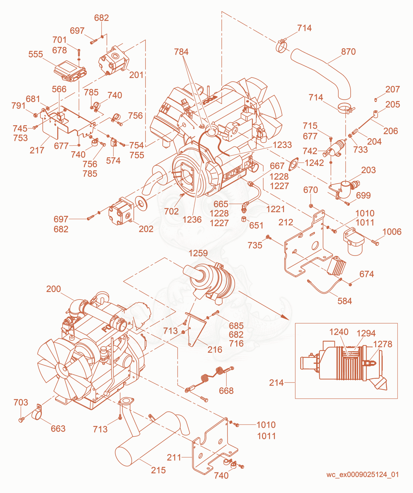 Exploded parts diagram of the Engine Compartment of a Wacker Neuson RT82-SC, with numbered balloons