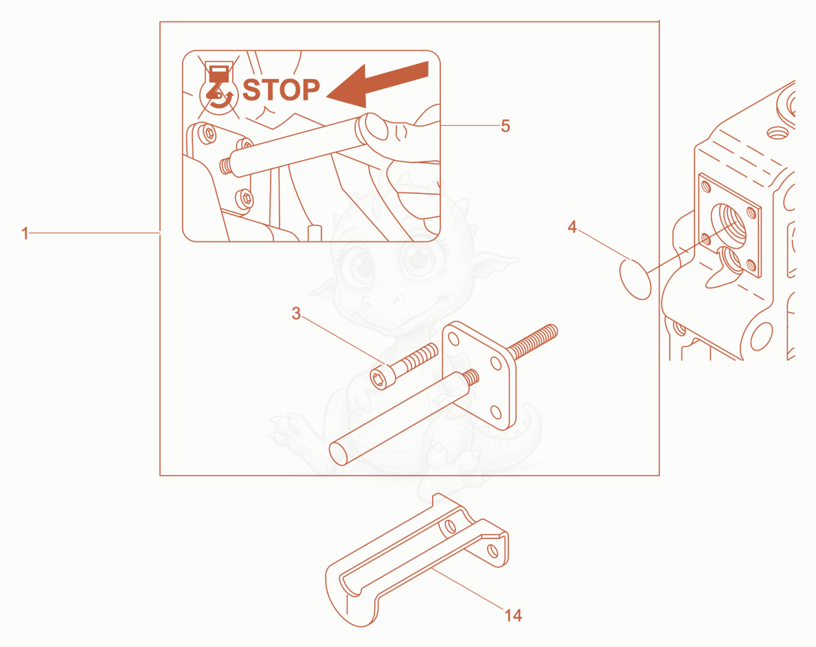 Despiece del Engine stop device de una máquina Wacker Neuson XPUKMAT, con globos numerados
