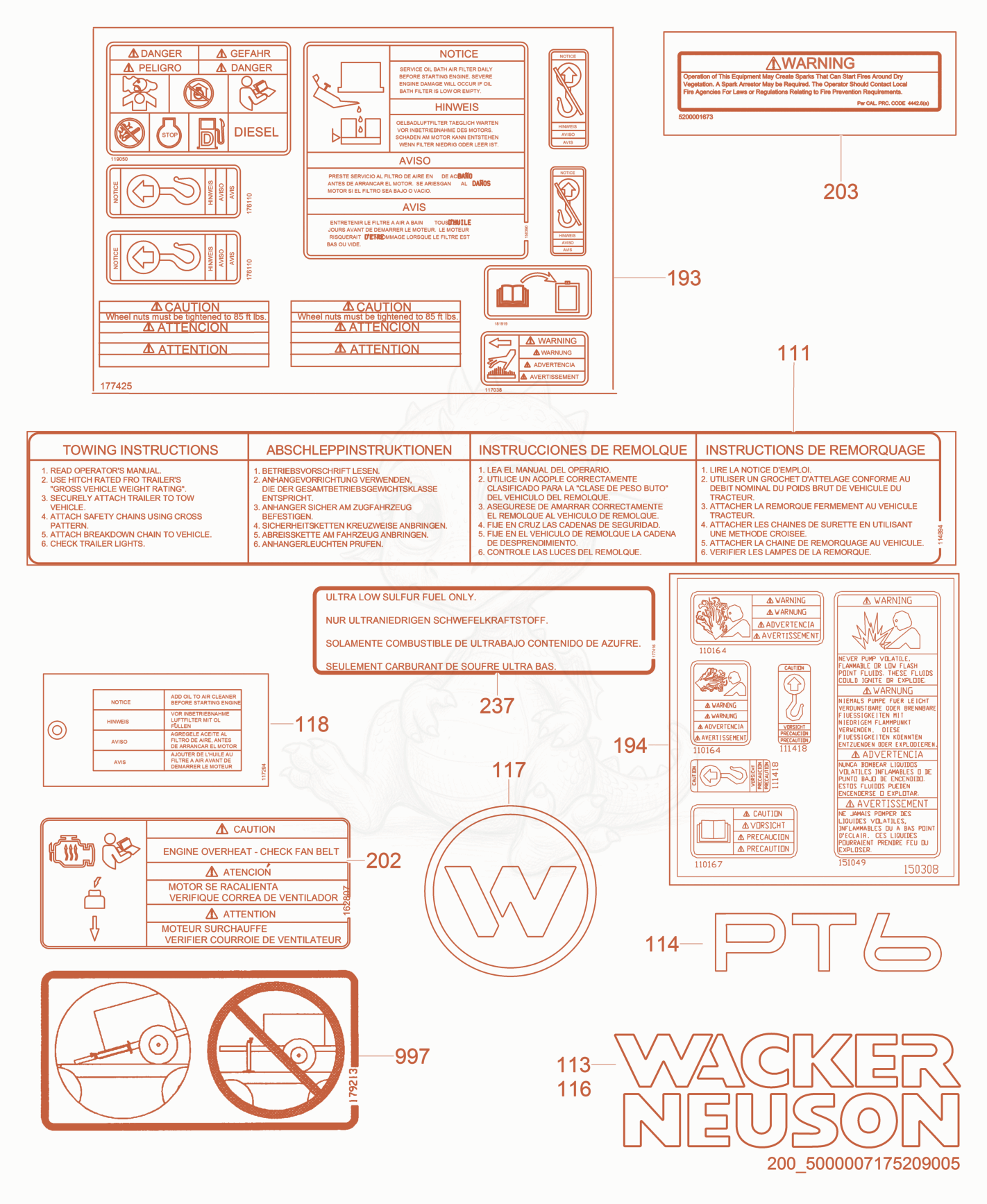 Exploded parts diagram of the Labels of a Wacker Neuson PT6LT, with numbered balloons