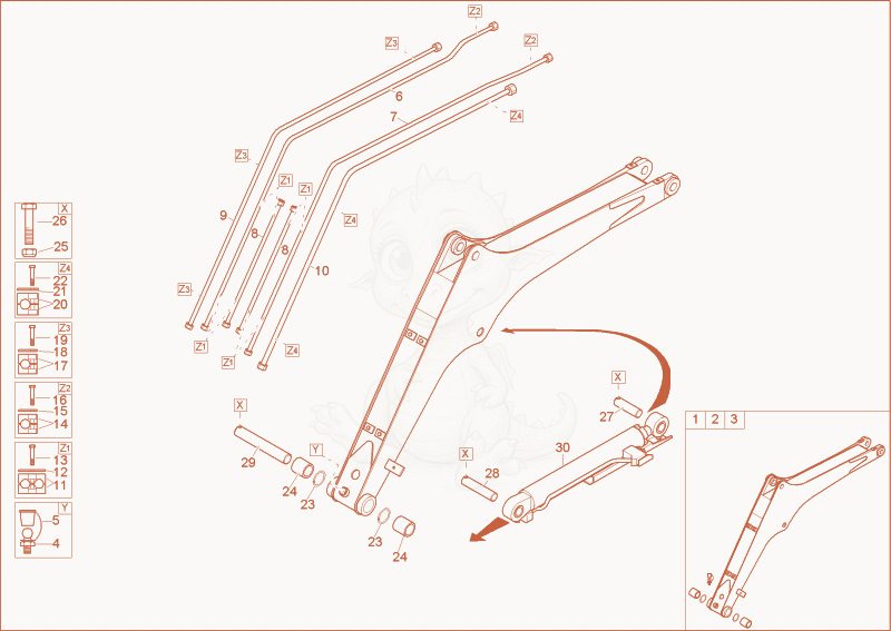 Exploded parts diagram of the lift arm of a Wacker Neuson 1402PRIMUSFORCE, with numbered balloons