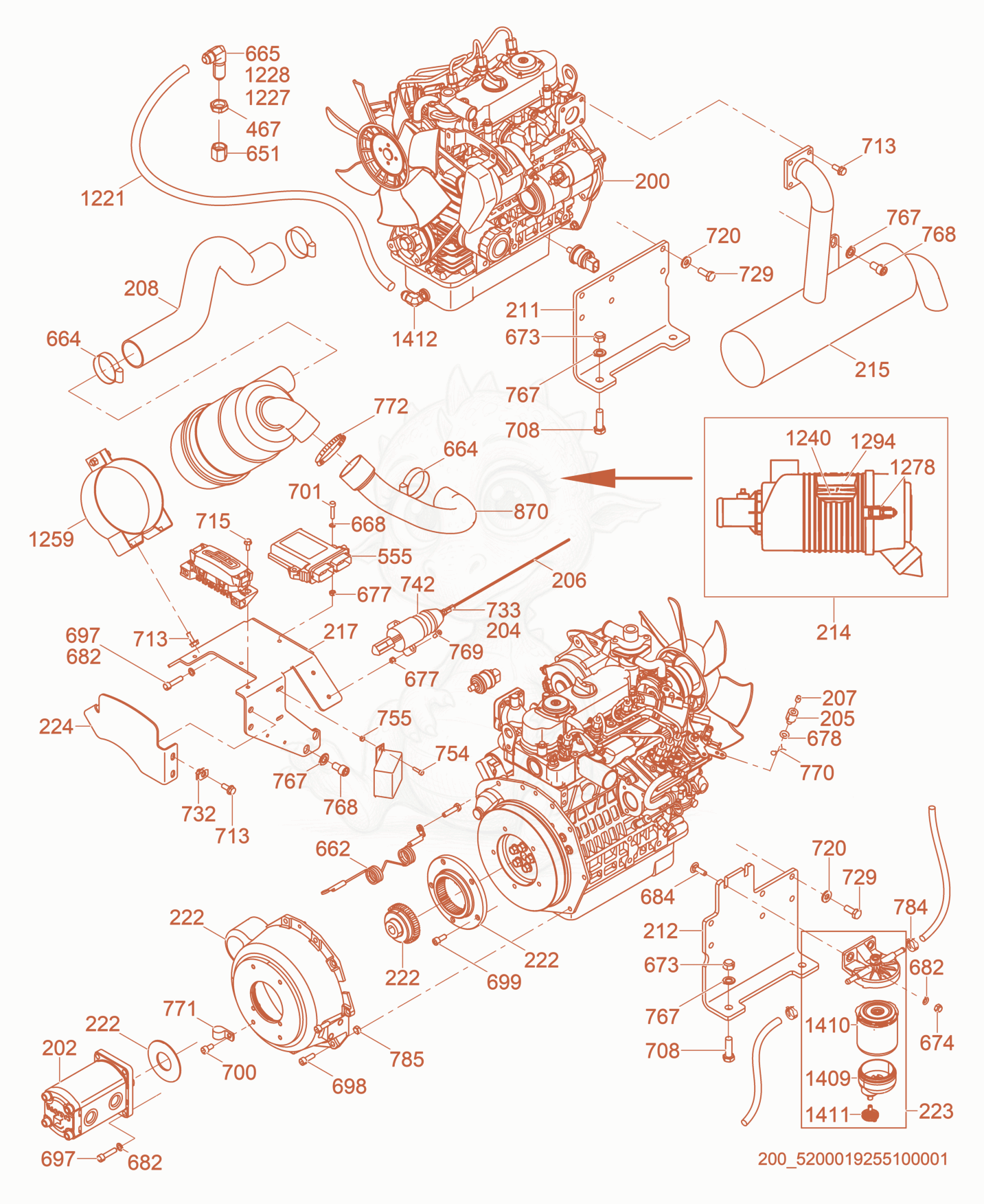 Exploded parts diagram of the Engine Compartment of a Wacker Neuson RTK82-SC3, with numbered balloons