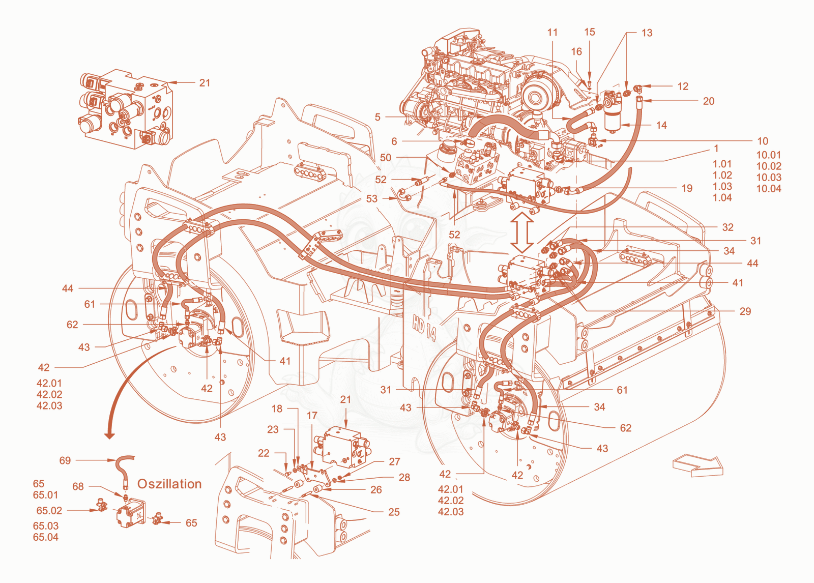 Exploded parts diagram of the vibration drive of a Wacker Neuson RD45-140, with numbered balloons