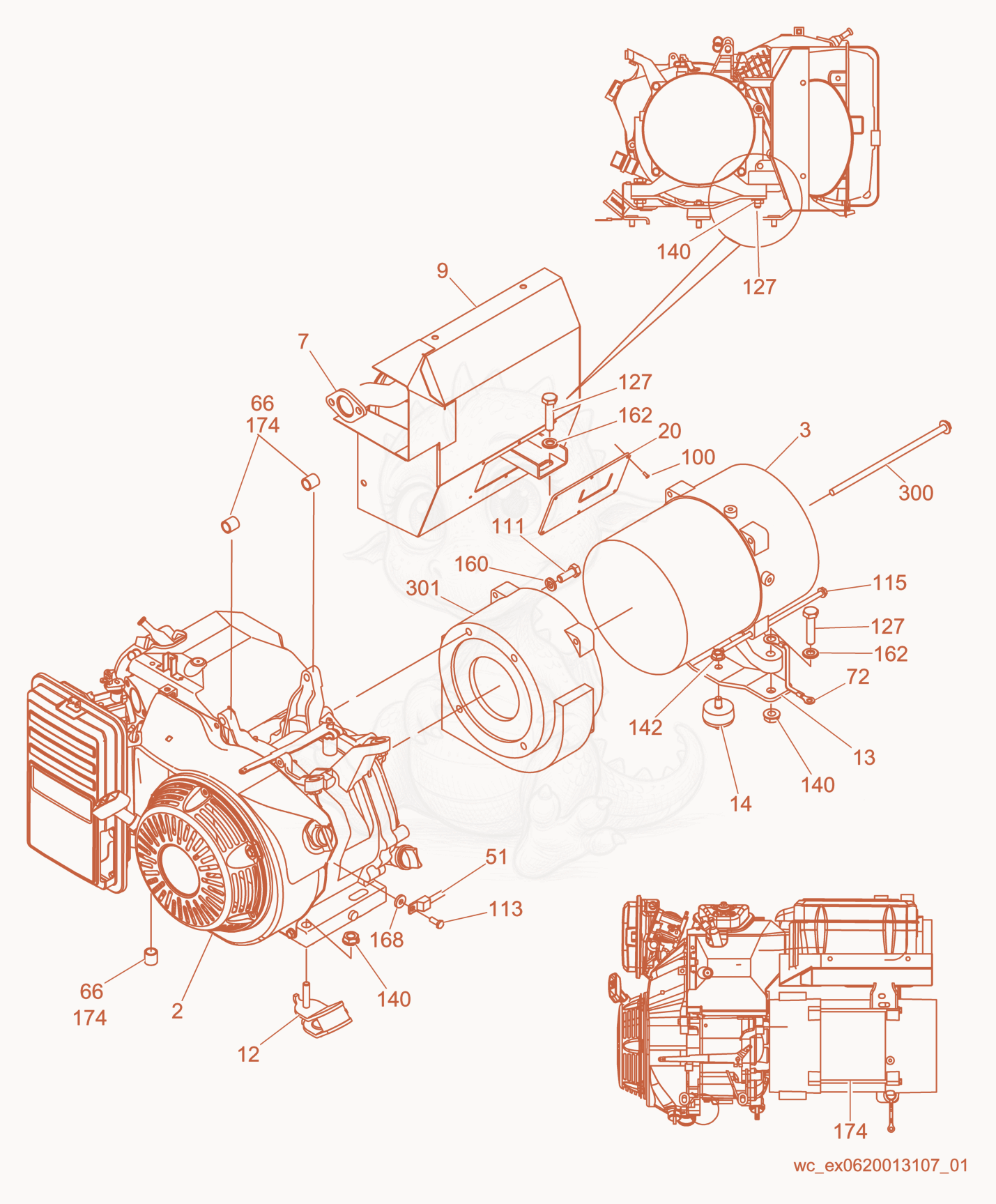 Exploded parts diagram of the Engine/Generator cpl. of a Wacker Neuson GPS5600A, with numbered balloons