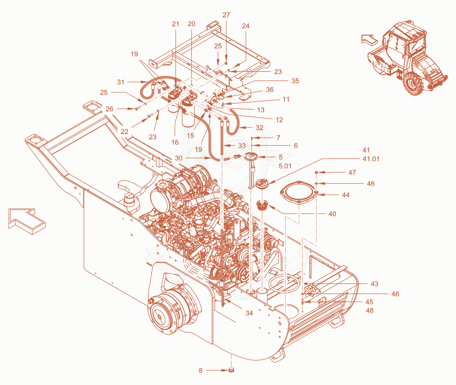 Exploded parts diagram of the fuel system of a Wacker Neuson RC50DPFROPS, with numbered balloons