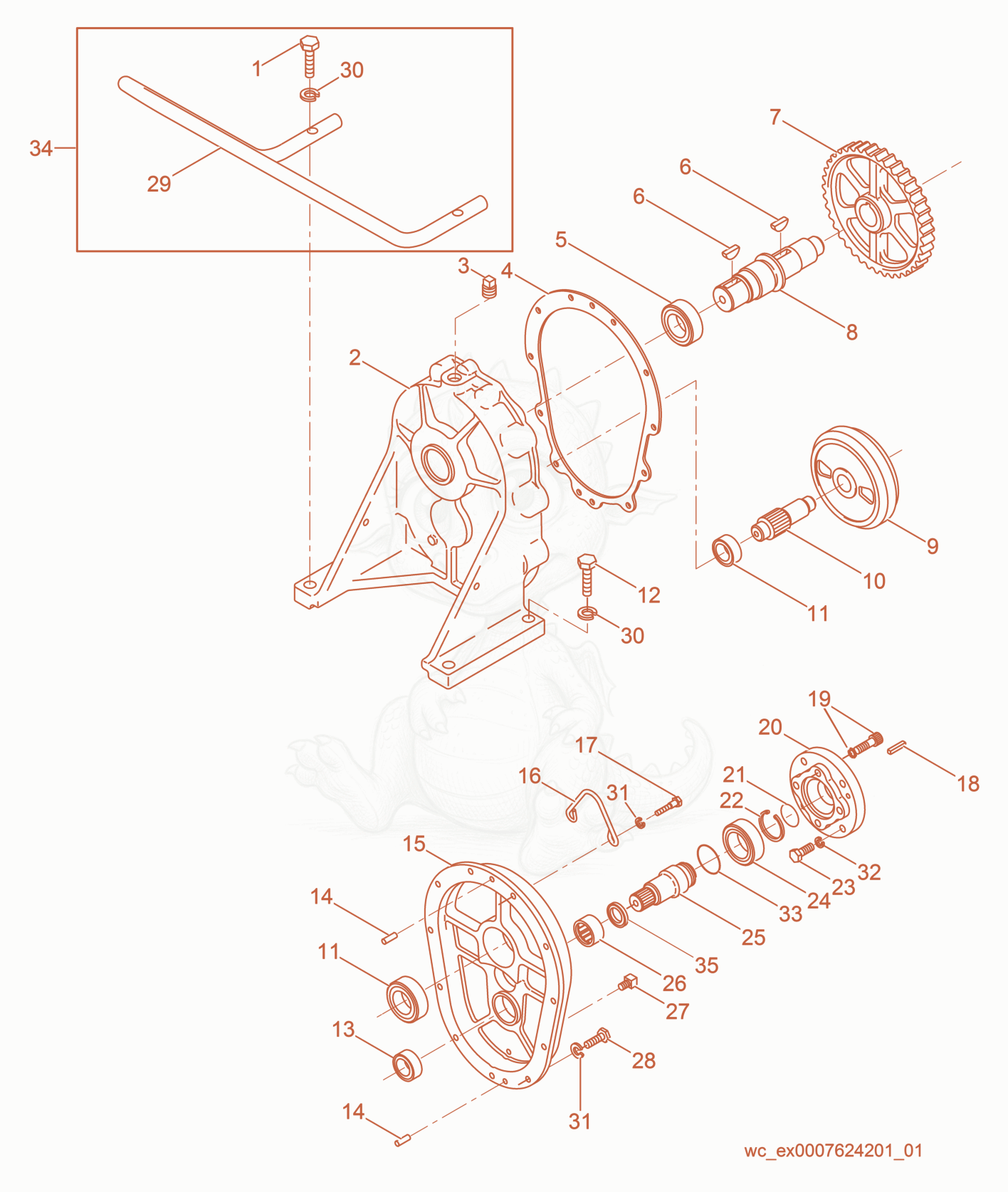 Exploded parts diagram of the Gearbox of a Wacker Neuson PDT2, with numbered balloons
