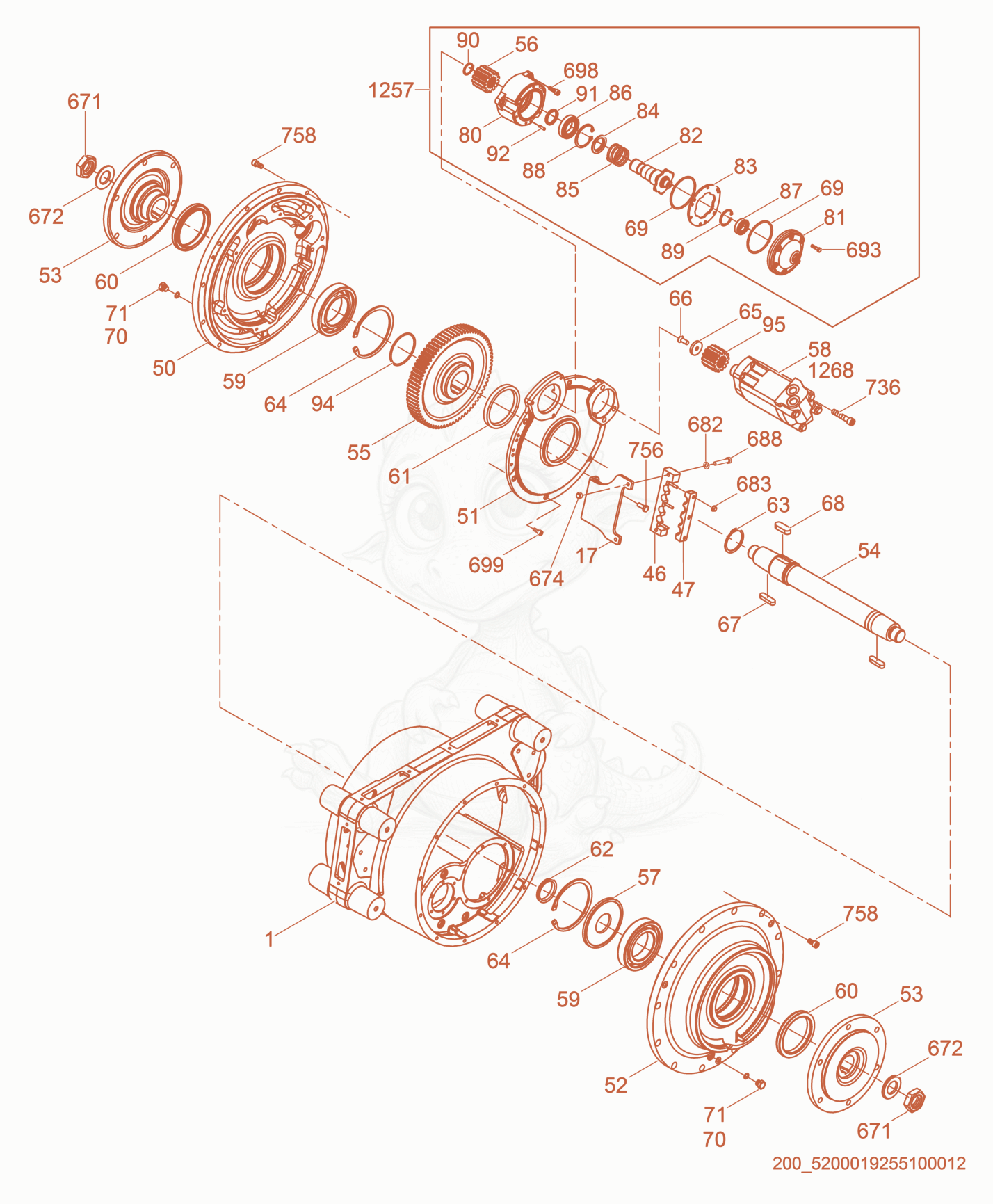 Exploded parts diagram of the Drum Drive w/Brake of a Wacker Neuson RTK82-SC3, with numbered balloons