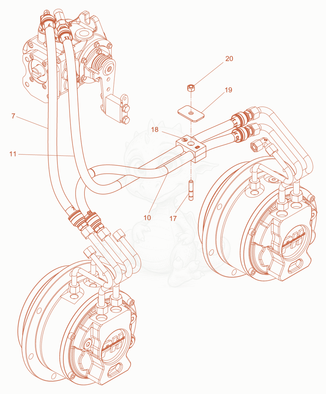 Exploded parts diagram of the Hydraulic hose - Drive System of a Wacker Neuson RD10YEHFLRC, with numbered balloons