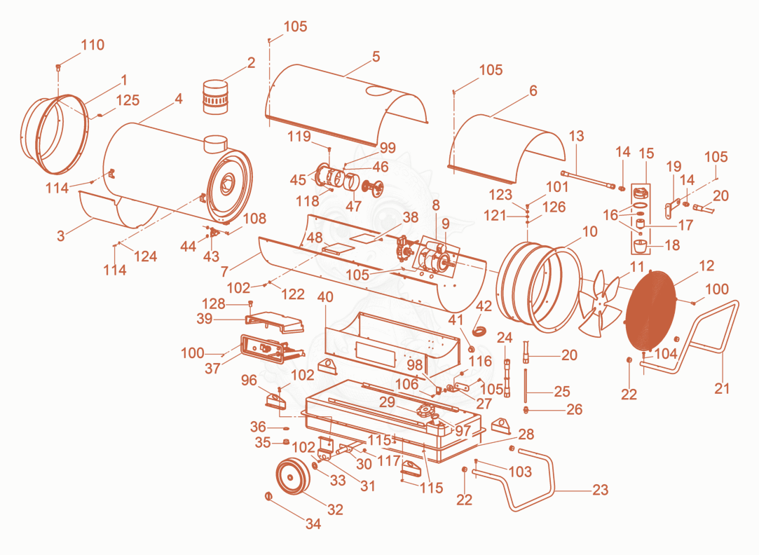 Exploded parts diagram of the Fire-place heater of a Wacker Neuson HI58, with numbered balloons