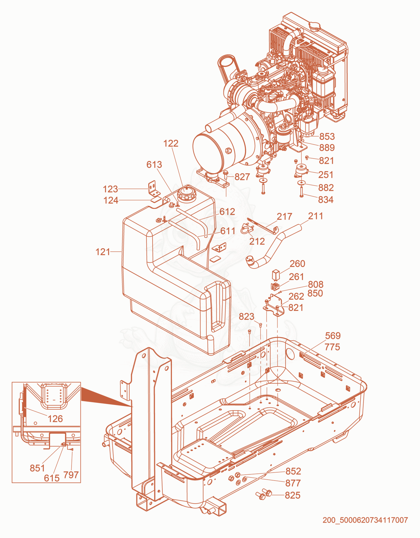 Exploded parts diagram of the Fuel Tank/Engine of a Wacker Neuson LTN6K, with numbered balloons