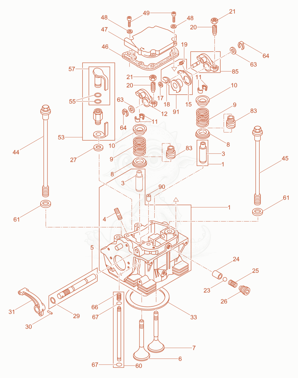 Exploded parts diagram of the Cylinder head of a Wacker Neuson DPU4545H, with numbered balloons