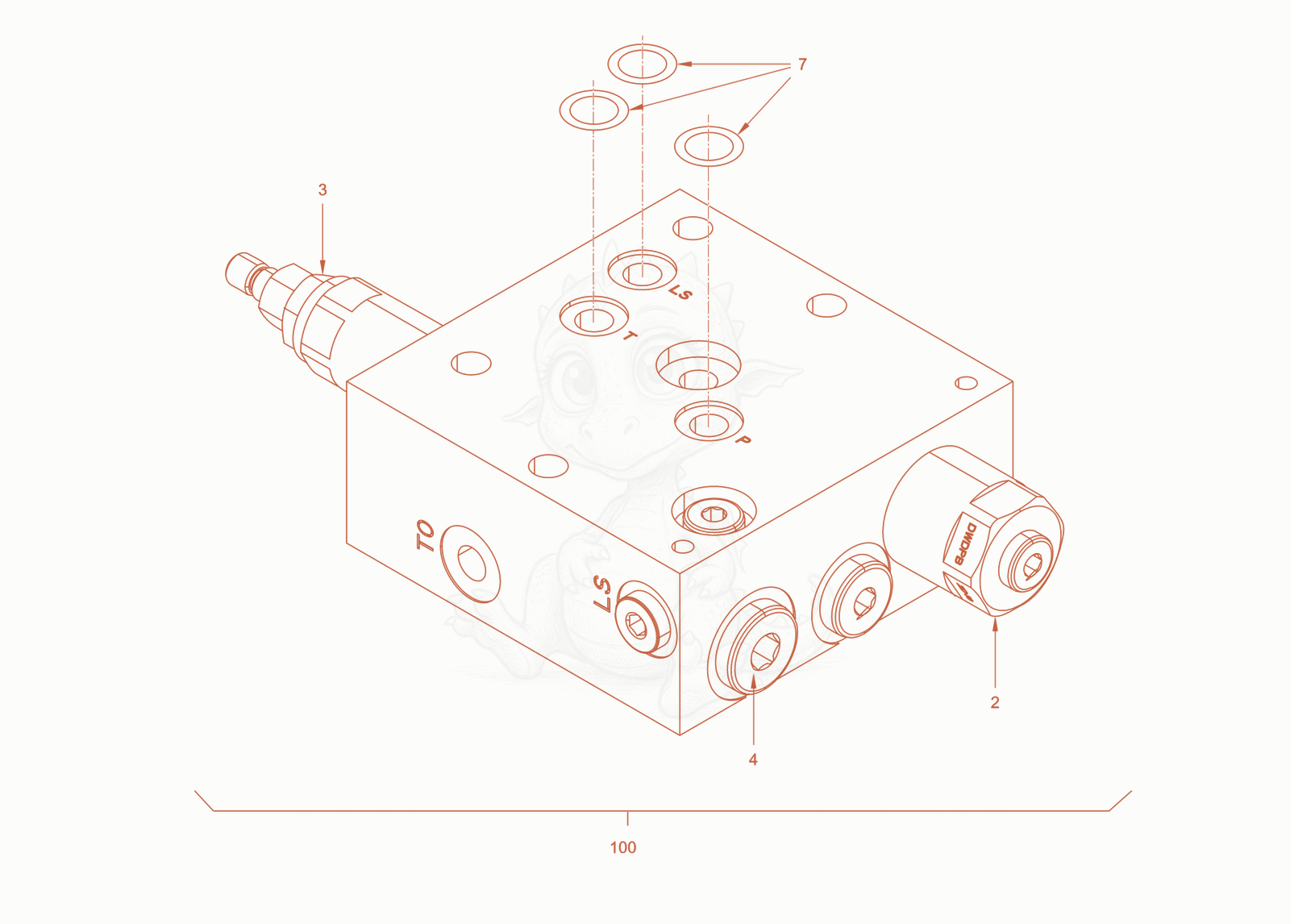Exploded parts diagram of the valve block of a Wacker Neuson RD24-100E, with numbered balloons
