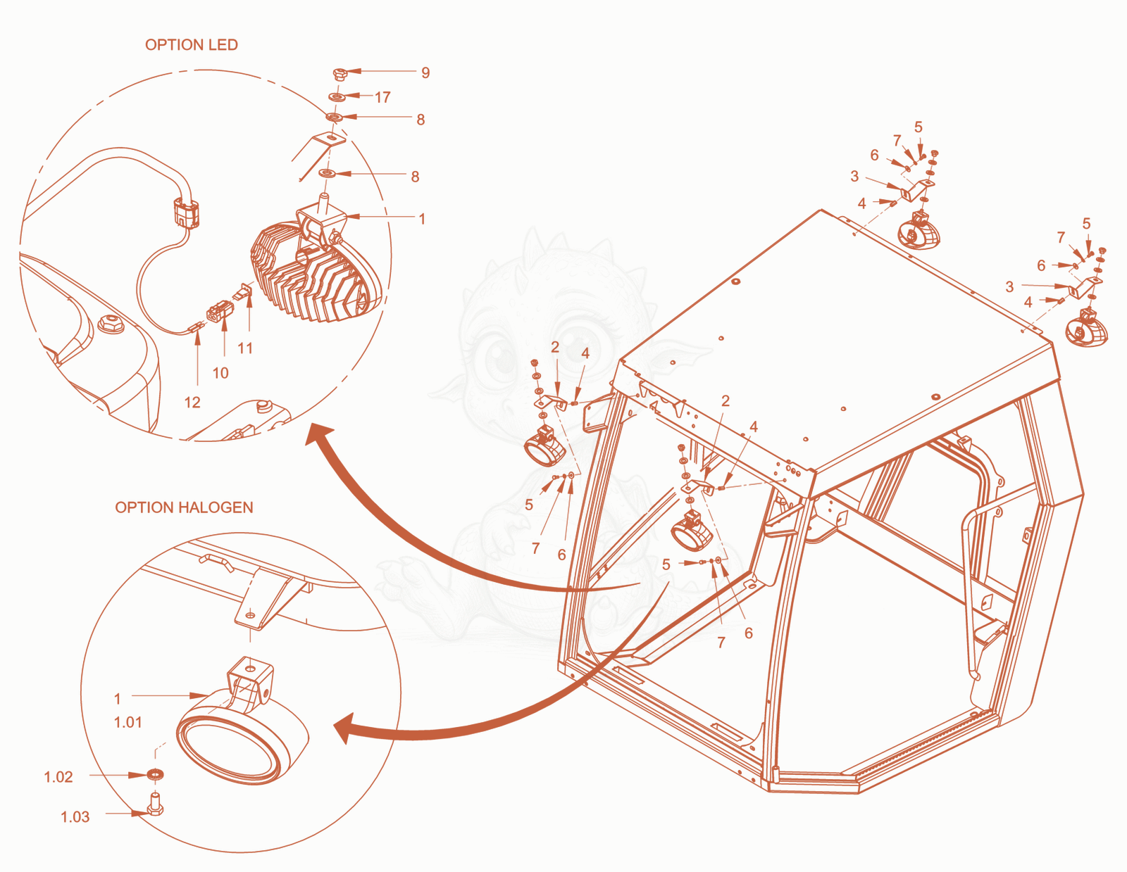 Exploded parts diagram of the additional lighting of a Wacker Neuson RC110PUSROPS, with numbered balloons