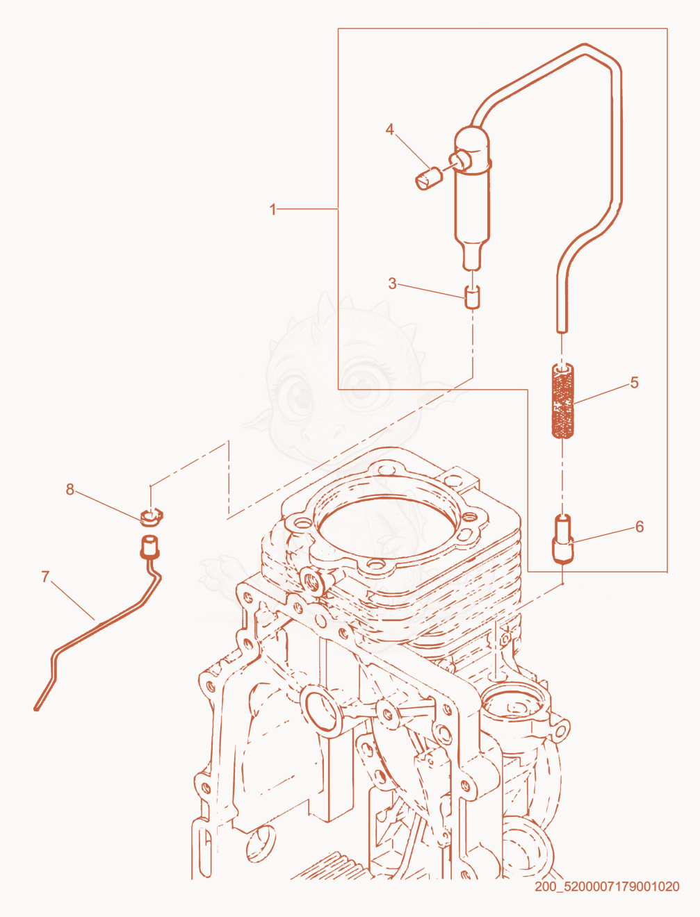 Exploded parts diagram of the Crankcase Breather System of a Wacker Neuson E1100, with numbered balloons