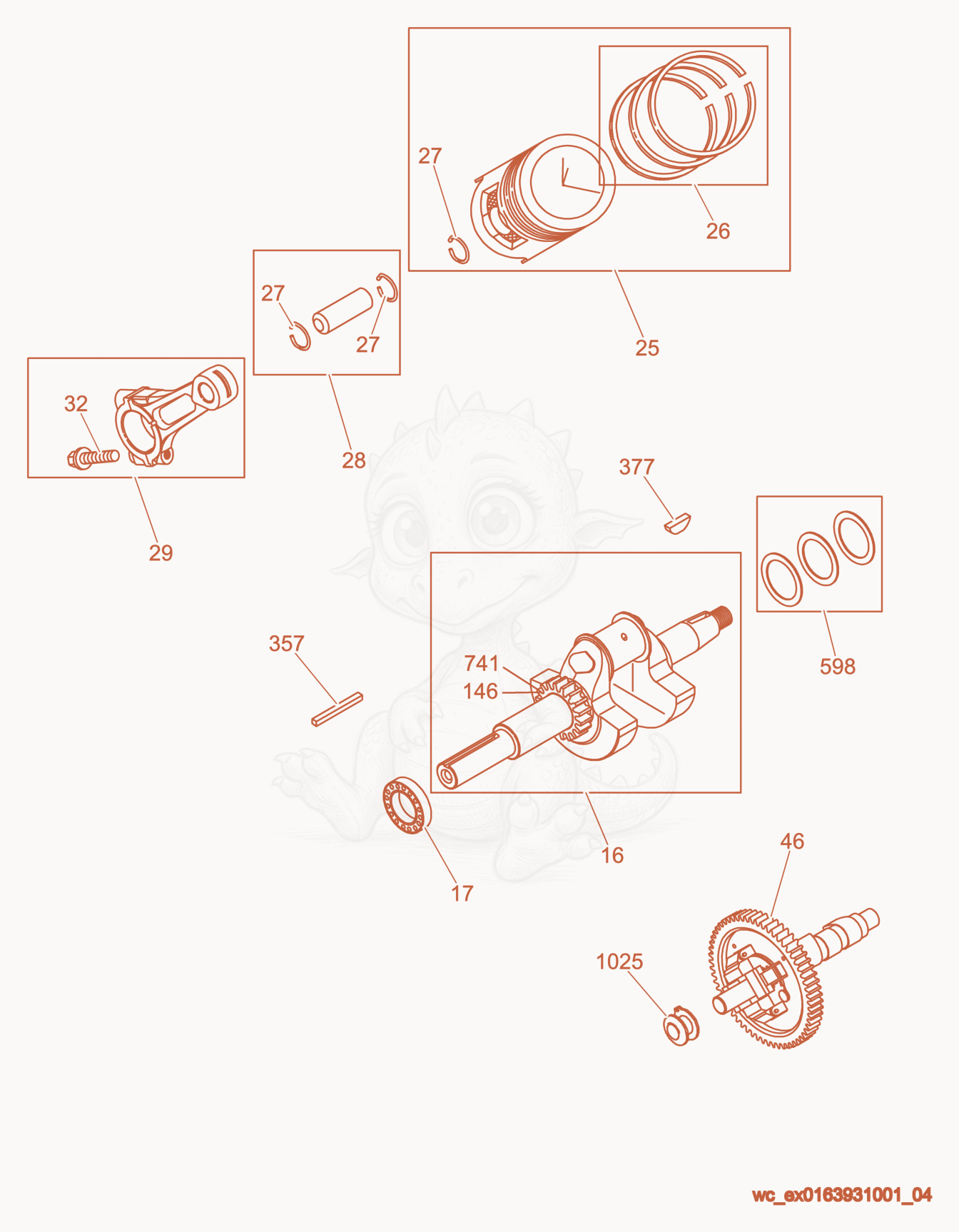 Exploded parts diagram of the Crankshaft/Piston of a Wacker Neuson GS9.7V, with numbered balloons