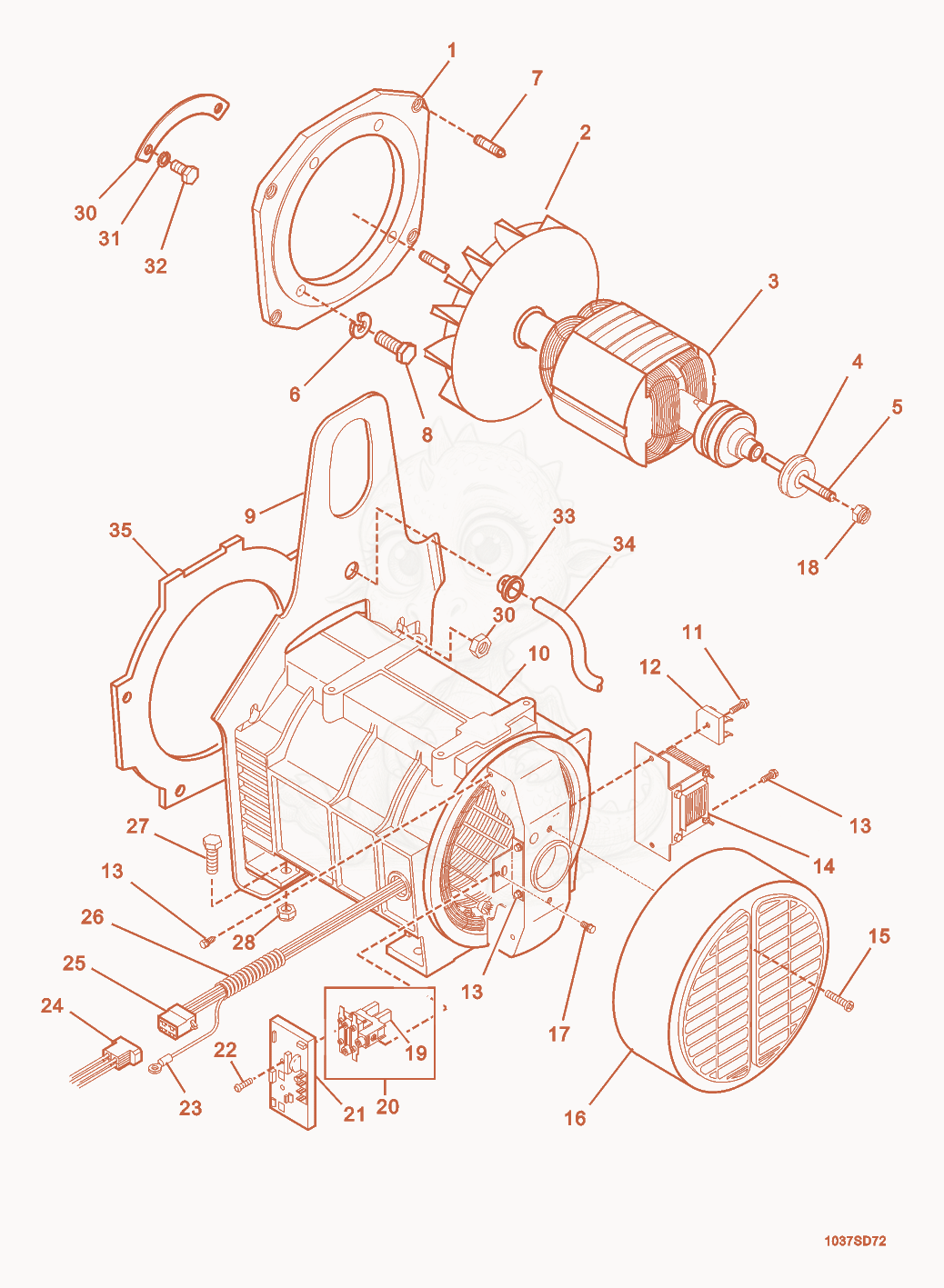 Exploded parts diagram of the Generator Front of a Wacker Neuson G3.7A, with numbered balloons