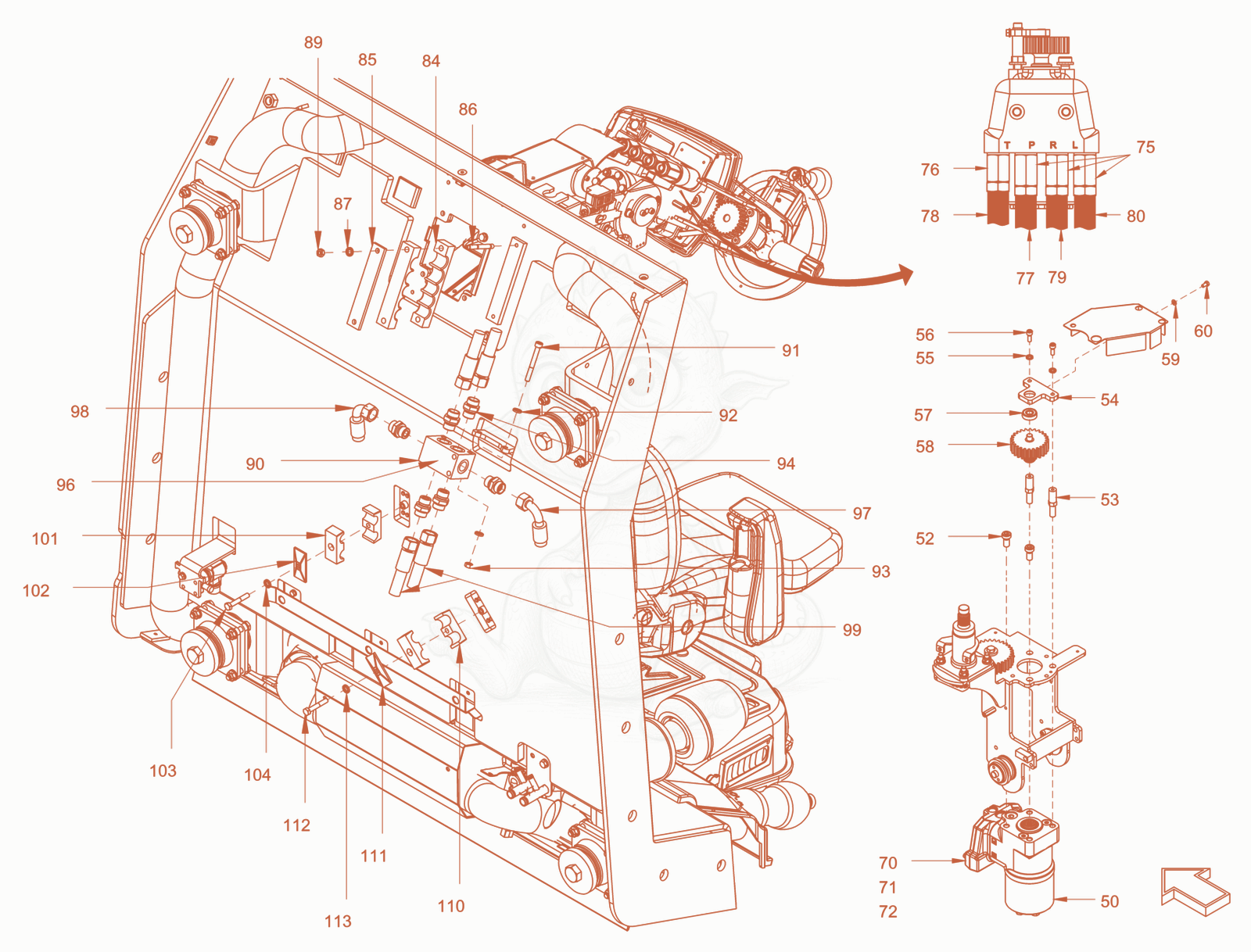Exploded parts diagram of the steering of a Wacker Neuson RC110USROPS, with numbered balloons