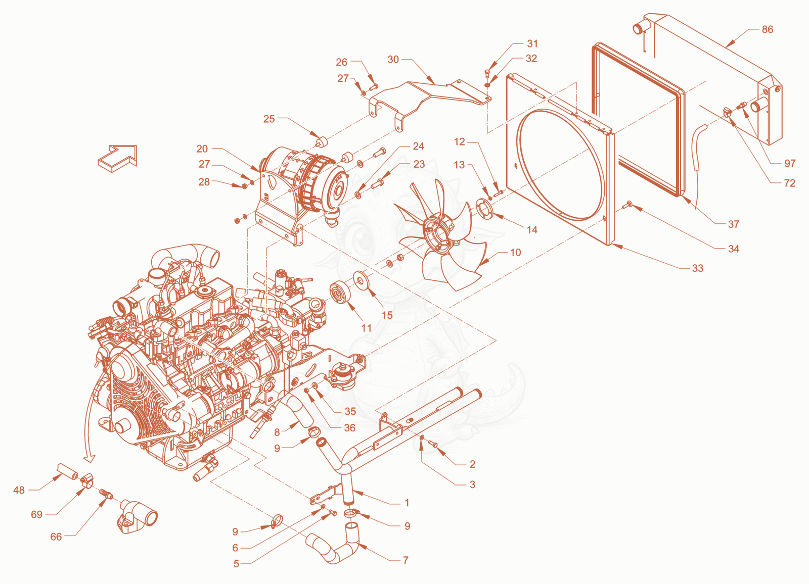 Exploded parts diagram of the cooling (engine/hydraulic oil) of a Wacker Neuson RD24-100.3, with numbered balloons